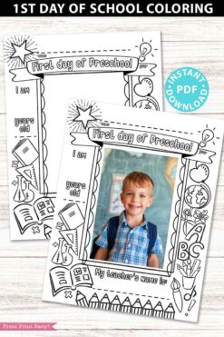 first day of preschool grades coloring page activity worksheet with 4x6 photo frame - Press Print Party