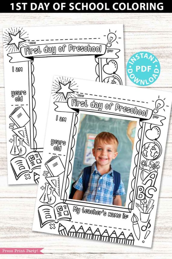 first day of preschool grades coloring page activity worksheet with 4x6 photo frame - Press Print Party