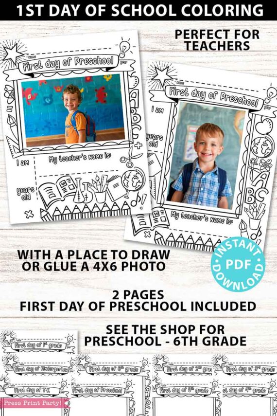 first day of preschool grades coloring page activity worksheet with 4x6 photo frame - Press Print Party