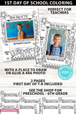first day of school T-K grades coloring page activity worksheet with 4x6 photo frame - Press Print Party