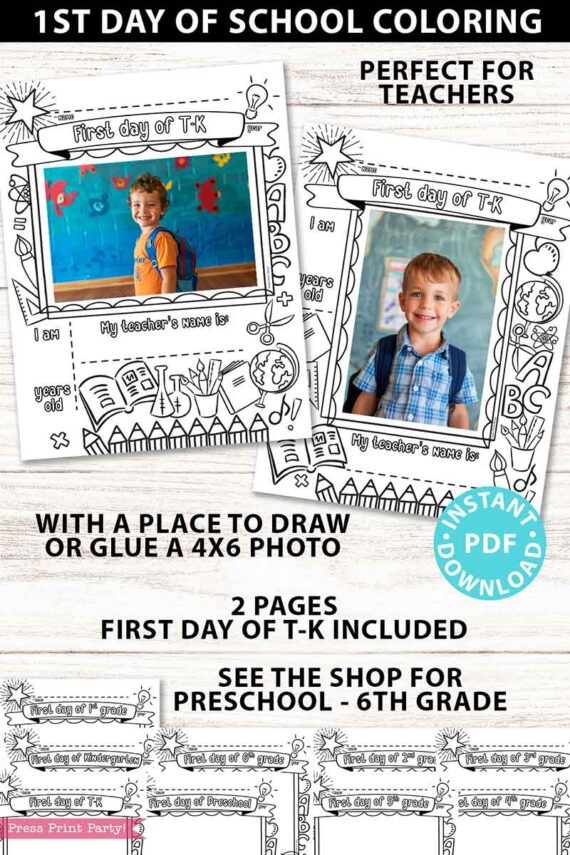 first day of school T-K grades coloring page activity worksheet with 4x6 photo frame - Press Print Party