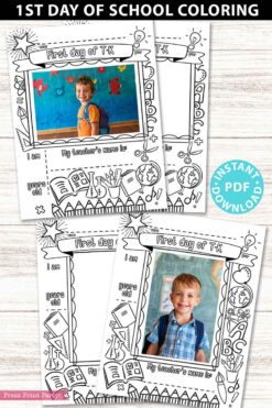 first day of school T-K grades coloring page activity worksheet with 4x6 photo frame - Press Print Party