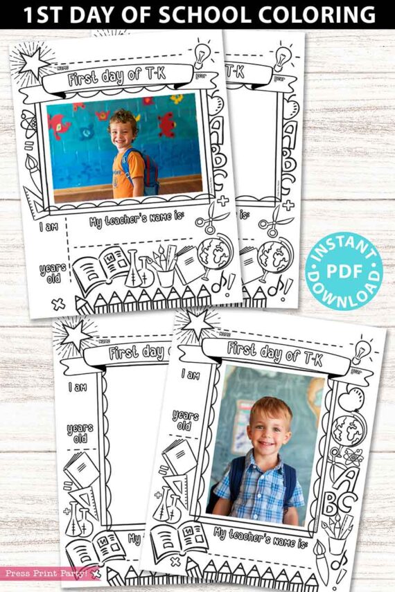 first day of school T-K grades coloring page activity worksheet with 4x6 photo frame - Press Print Party