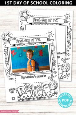 first day of school T-K grades coloring page activity worksheet with 4x6 photo frame - Press Print Party