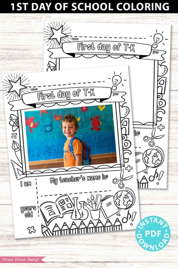 first day of school T-K grades coloring page activity worksheet with 4x6 photo frame - Press Print Party