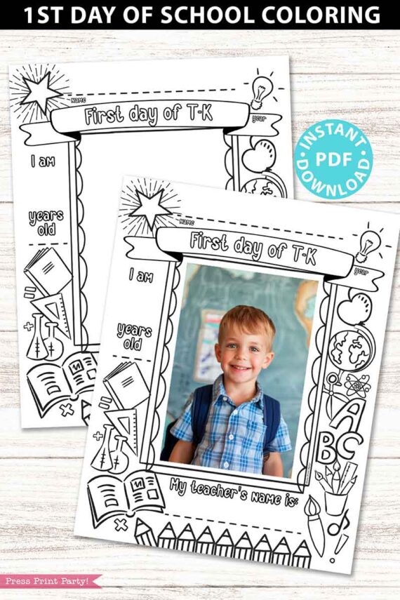 first day of school T-K grades coloring page activity worksheet with 4x6 photo frame - Press Print Party