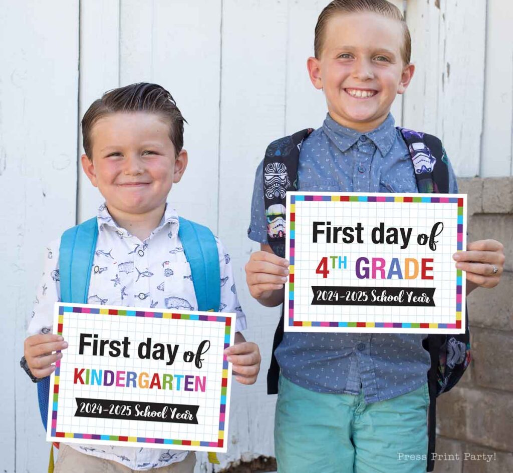 FREE First day of school signs printable - Back to school photo ideas - picture of 2 boys. First day of kindergarten and first day of 4th grade. Back to School. by Press Print Party!
