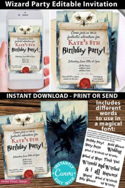 harry potter invitation template as instant download print or send with wizard font. Press Print Party