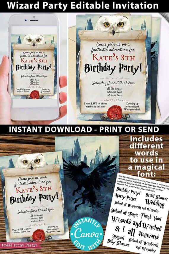 harry potter invitation template as instant download print or send with wizard font. Press Print Party