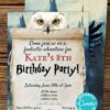 wizard party invitation for harry potter party with hedwig holding a letter.