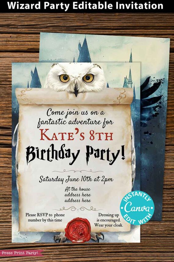 wizard party invitation for harry potter party with hedwig holding a letter.