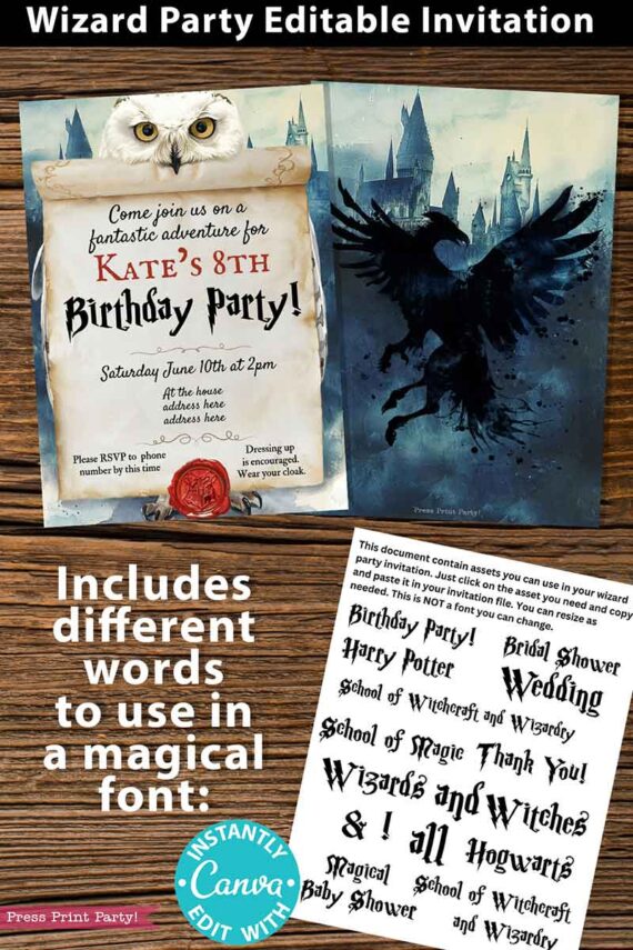 harry potter invitation template editable with wizard font for birthday party, baby shower, bridal shower, or wedding. Press Print Party