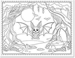 bat in forest with cave entrance free printable coloring page
