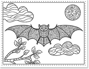 soft zentangle bat and moon and tree