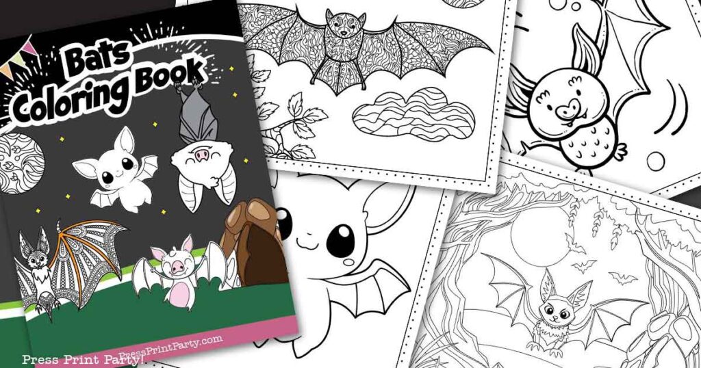 Bats coloring book featured image with 4 bats coloring pages