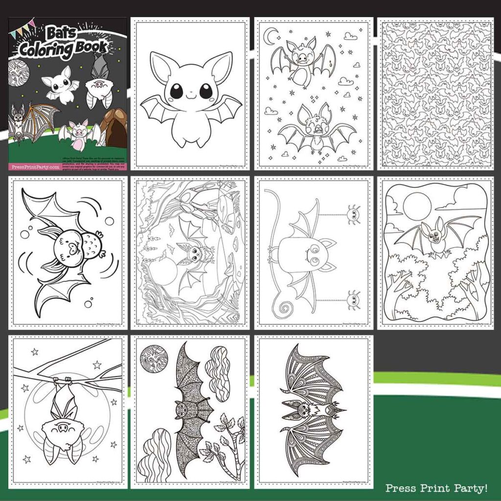 10 cute Bat coloring pages shown in a square