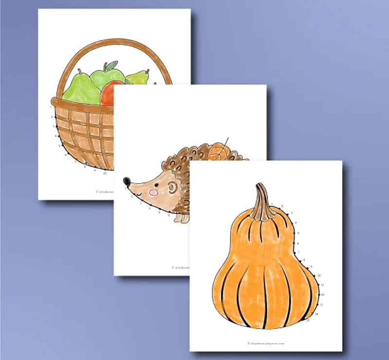 connect the dots pages for fall with pumpkin, basket and hedgehog