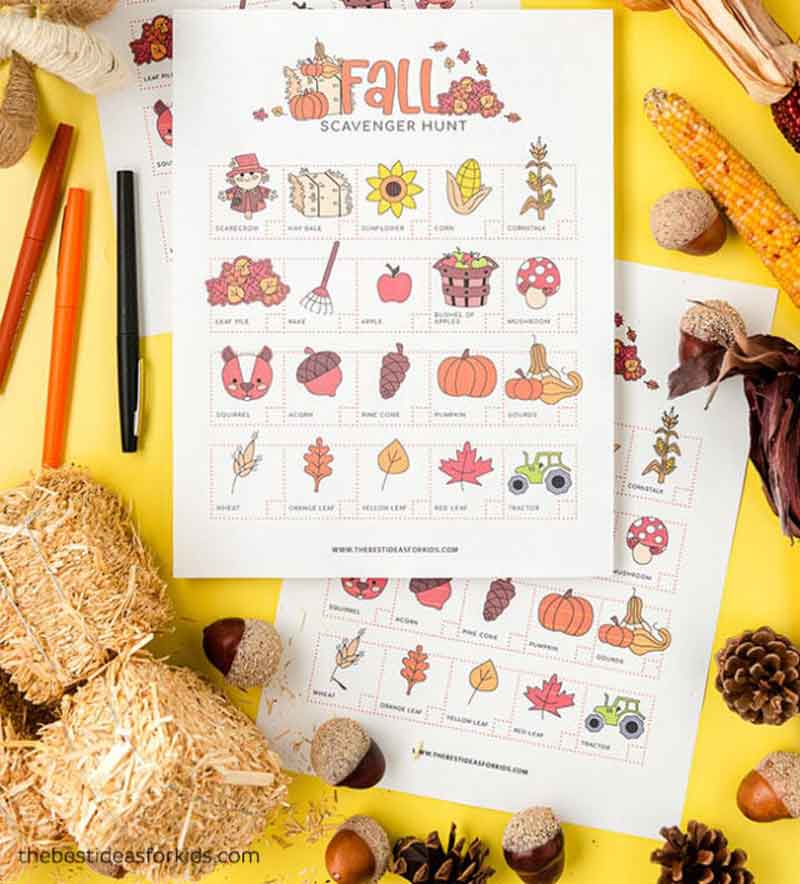 fall scavenger hunt game page on yellow background
