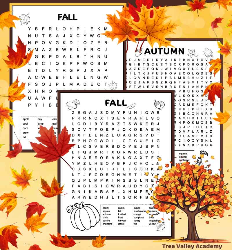 3 pages of fall word search pages.