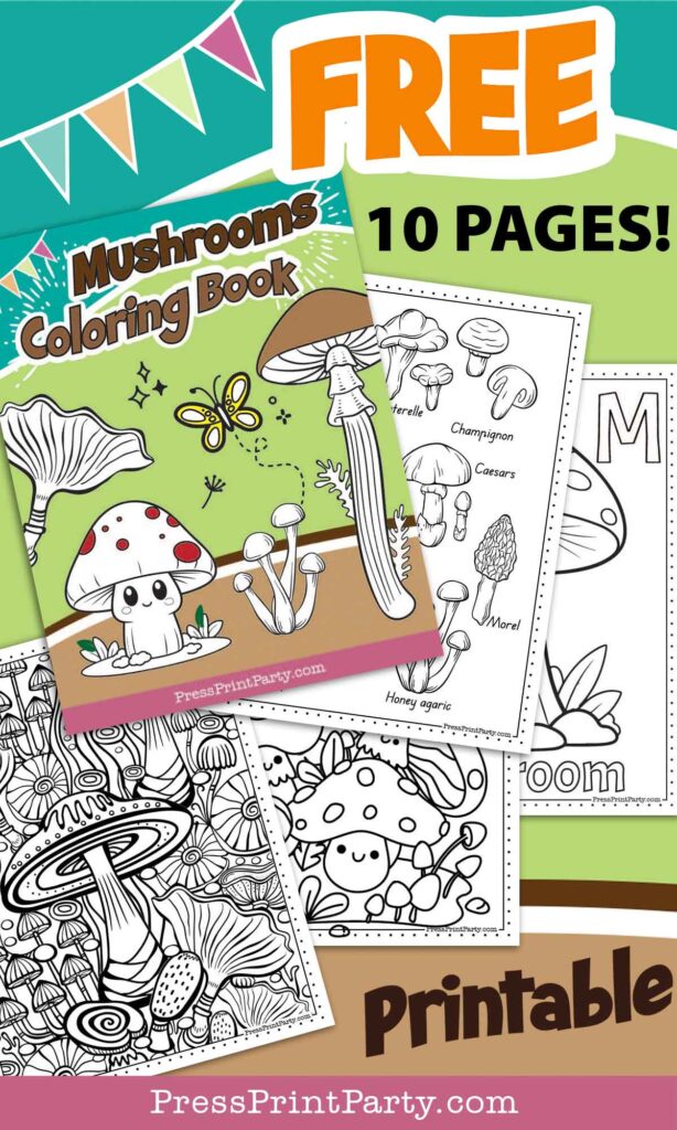 free printable mushrooms coloring book 10 pages printable - Press Print Party