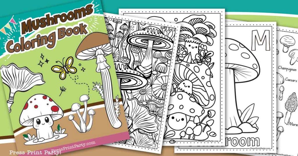free printable mushrooms coloring book 10 pages printable - Press Print Party
