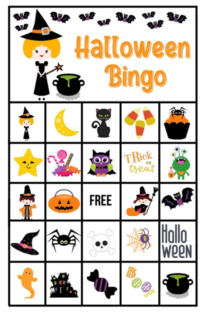 halloween bingo game featuring a witch, cats, stars, pumpkins and more