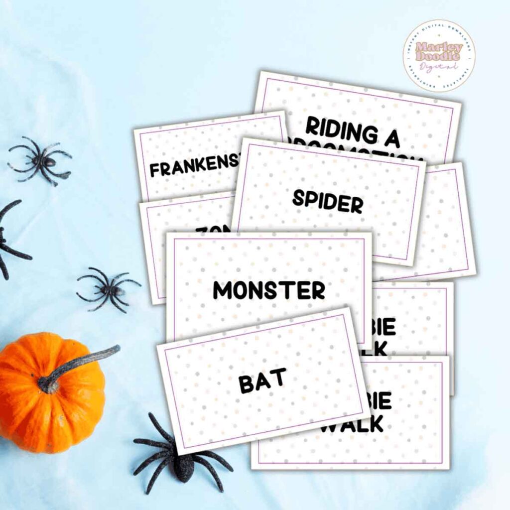 halloween charade cards with bat, monster, spider etc