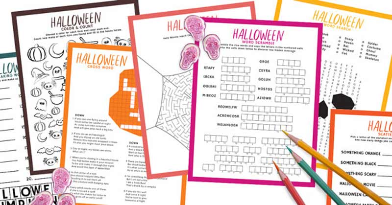 a variety of Halloween printable games for kids including word search and maze