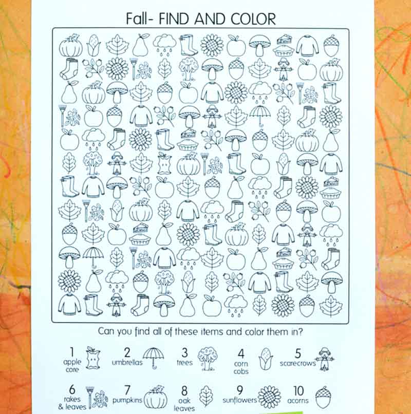 page of I spy fall find and color activity