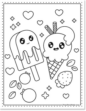 free ice cream coloring page of 1 ice cream cone and 1 popsicle kawaii style