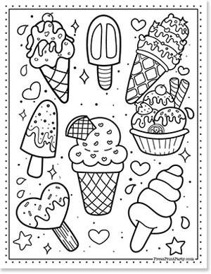 free ice cream coloring page of 8 ice creams with hearts