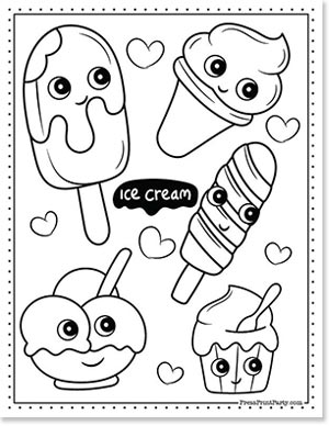 free ice cream coloring page of 5 ice creams including an ice cream sunday with the words Ice cream in the middle kawaii style