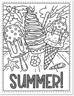 free ice cream coloring page of 3 ice creams and the words summer
