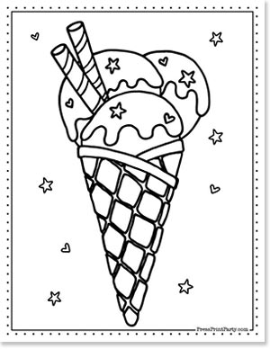 free ice cream coloring page of a cone with 3 scoops and 2 chocolate waffers