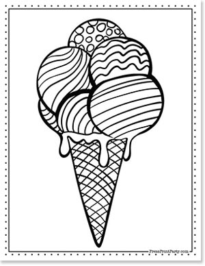 free ice cream coloring page of a cone with 6 scoops