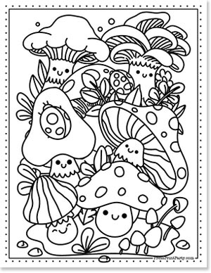 cute kawaii style mushrooms piled up coloring sheet