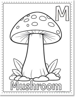 M coloring page with a mushroom for school for kids
