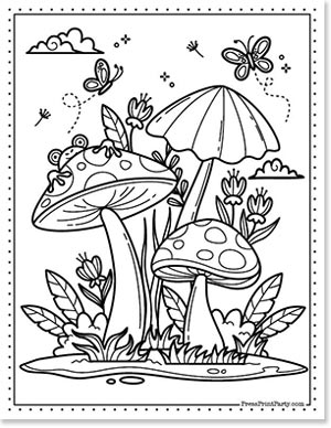 cute mushroom coloring page with butterflies and a peeking frog.
