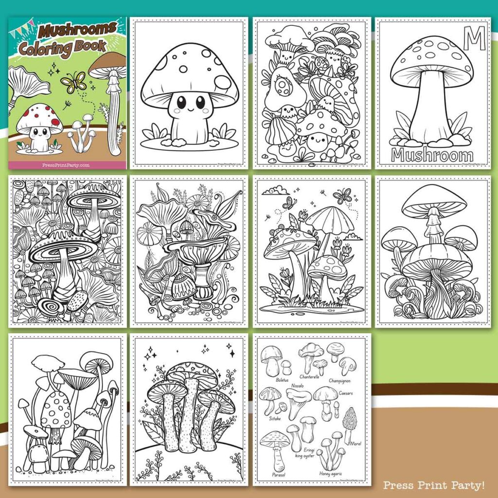 free printable mushrooms coloring book 10 pages printable - Press Print Party