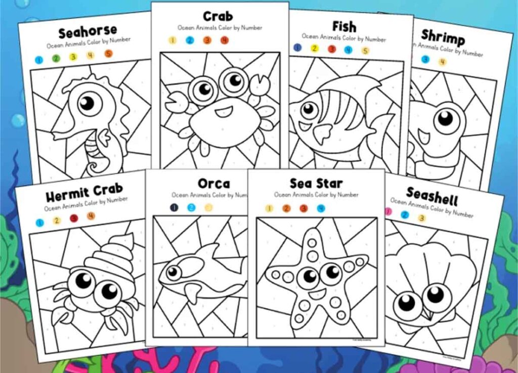 ocean animals color by numbers