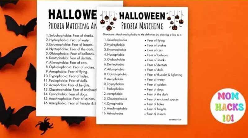phobia worksheet for kids on orange with bat nearby