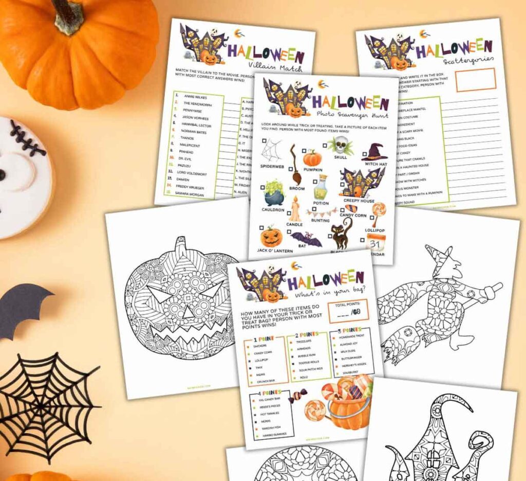 several pages of halloween games and coloring pages