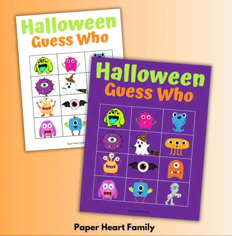 2 halloween guess who games one on white paper and one on purple paper with monsters