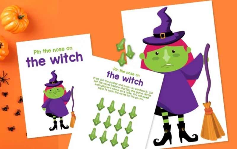 pin the nose on the witch game with a green and purple witch and a page of noses for halloween
