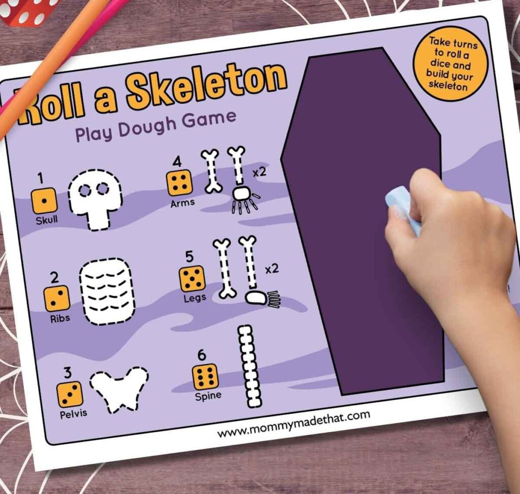 cute halloween skeleton game to play with play dough. purple page with coffin and skeleton parts