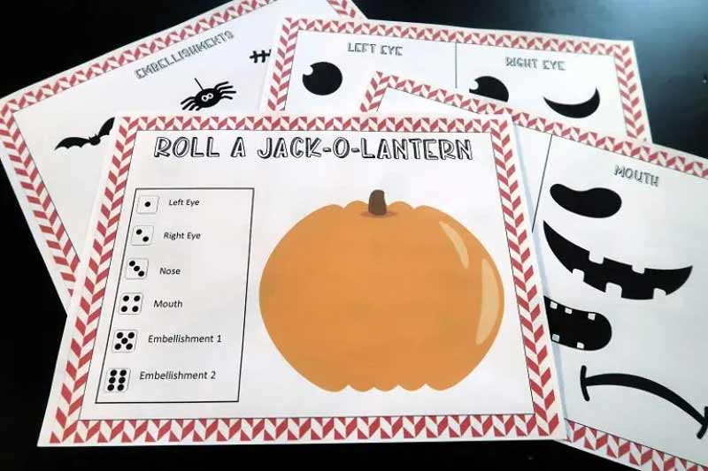 printable halloween roll a jack game with a pumpkin and printable mouths and eyes