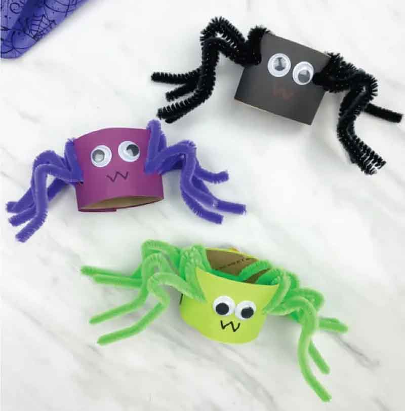 3 spiders made with toilet paper rolls