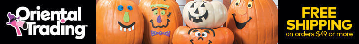 A row of pumpkins with colorful cartoon faces and a white pumpkin with a Frankenstein face, plus tempting candy corn cheesecake art, alongside text: "Oriental Trading" and "Free Shipping on orders $49 or more" on a black and orange background.