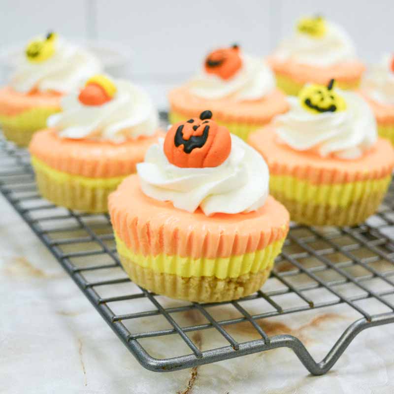 A cooling rack holds six festive cupcakes topped with white frosting and small pumpkin decorations with various faces. These candy corn cheesecake-inspired cupcakes feature three layers: orange on top, yellow in the middle, and a beige crust at the bottom. The background shows a white tiled wall.