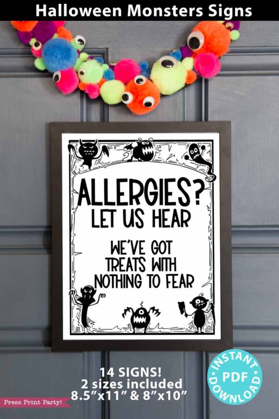allergies, let us hear, we've got treats with nothing to fear. halloween candy sign